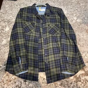 BCBG Women’s Plaid Flannel Button Down  | Large | Green Black and Blue